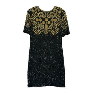 Laurence Kazar Vintage 80s Beaded Silk Dress Black Gold L Cocktail Party Glam NY